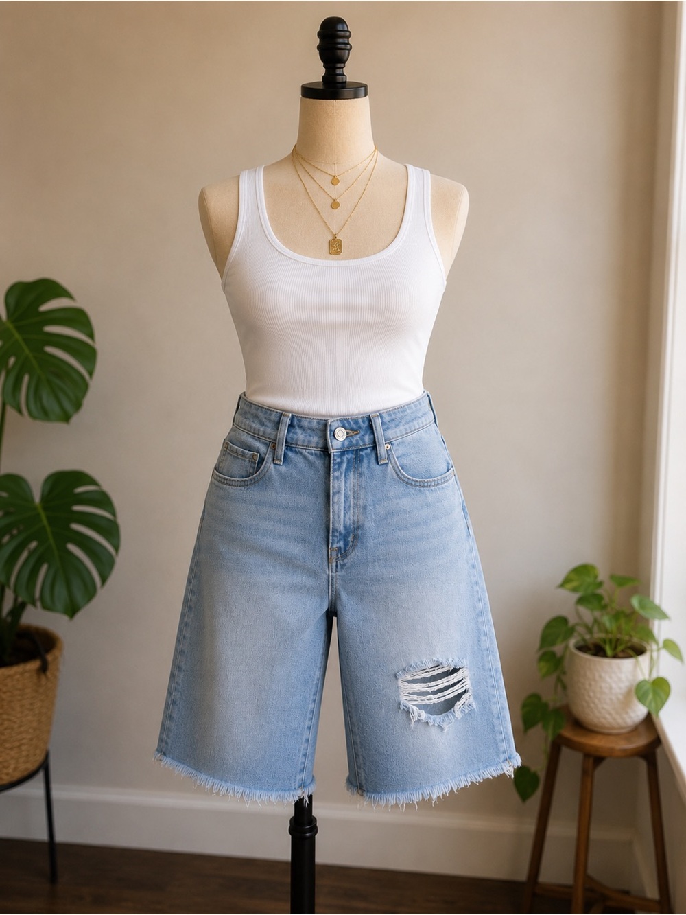 Y2K Light Wash Distressed Boyfriend Denim Shorts | Frayed Hem Size 7/28